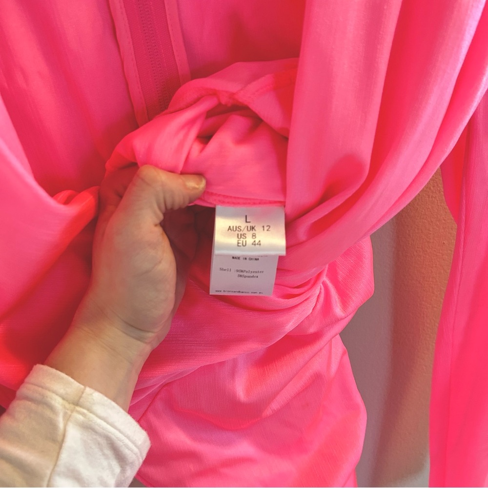 Bronx and Banco Electric Pink Maxi Sash Waist Dress Size Large Long Sleeve Slit - Picture 15 of 16